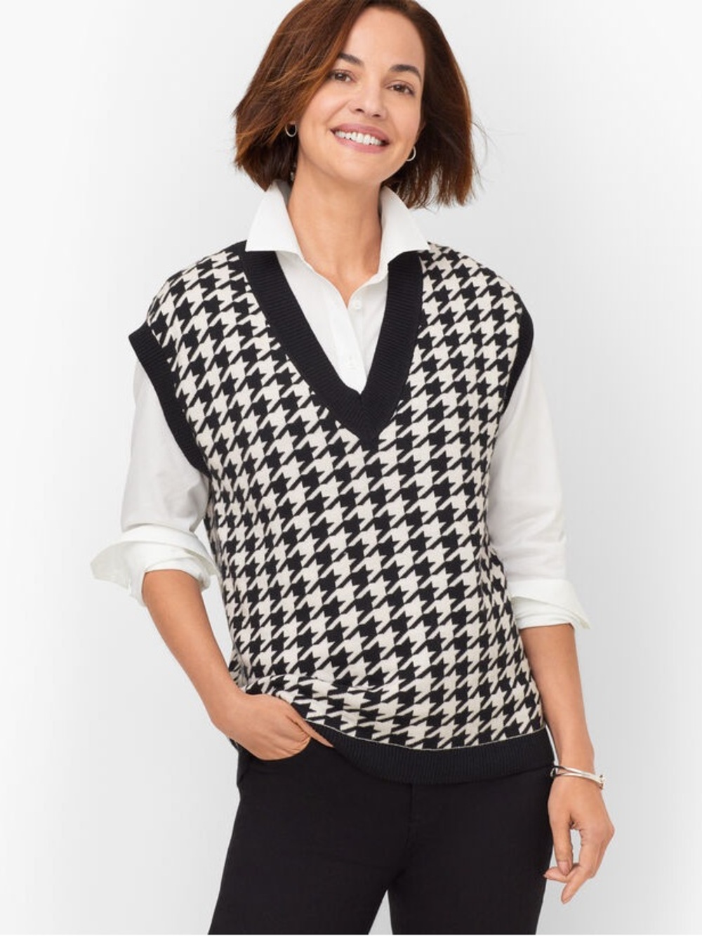 Talbots V-Neck Vest - Houndstooth